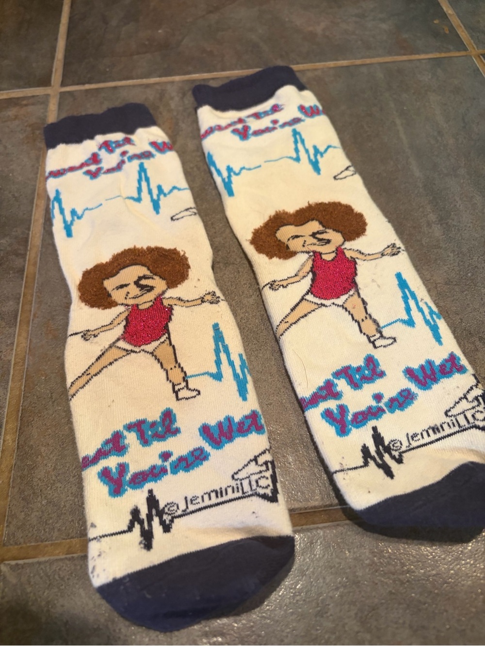 Women's Novelty Richard Simmons Fitness Crew Socks - White with Pink & Blue
